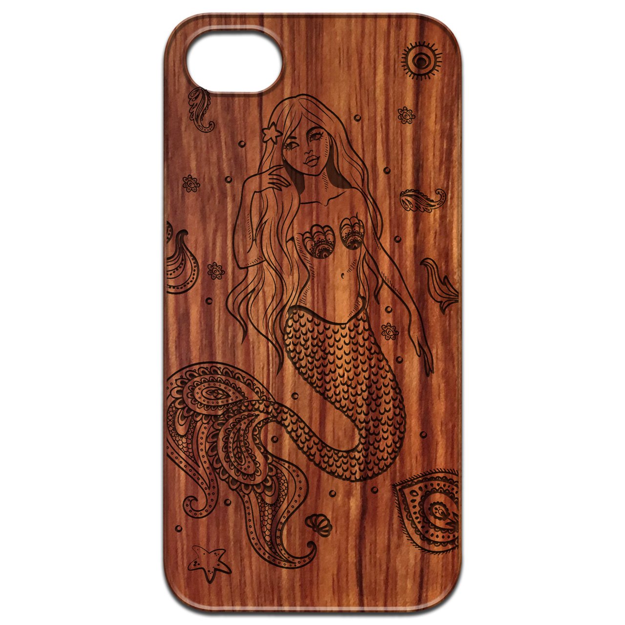 Mermaid Engraved wooden phone case showcasing intricate laser-engraved design and natural wood finish.