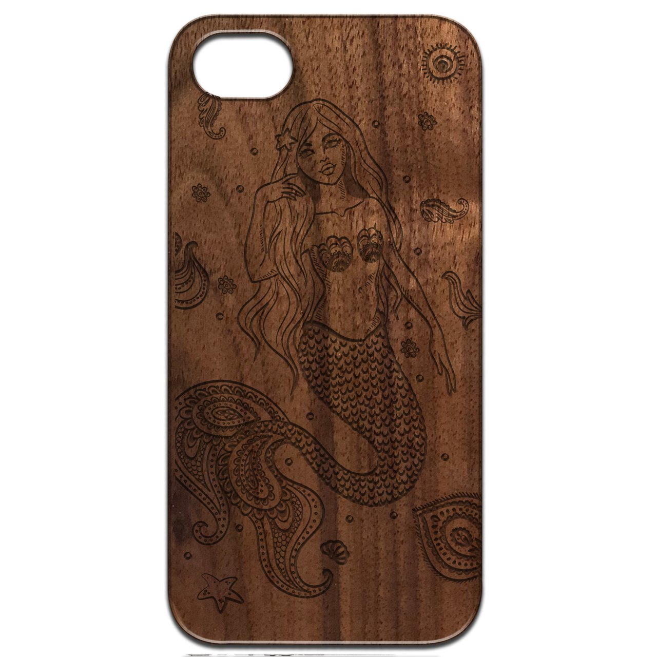 Mermaid Engraved wooden phone case showcasing intricate laser-engraved design and natural wood finish.