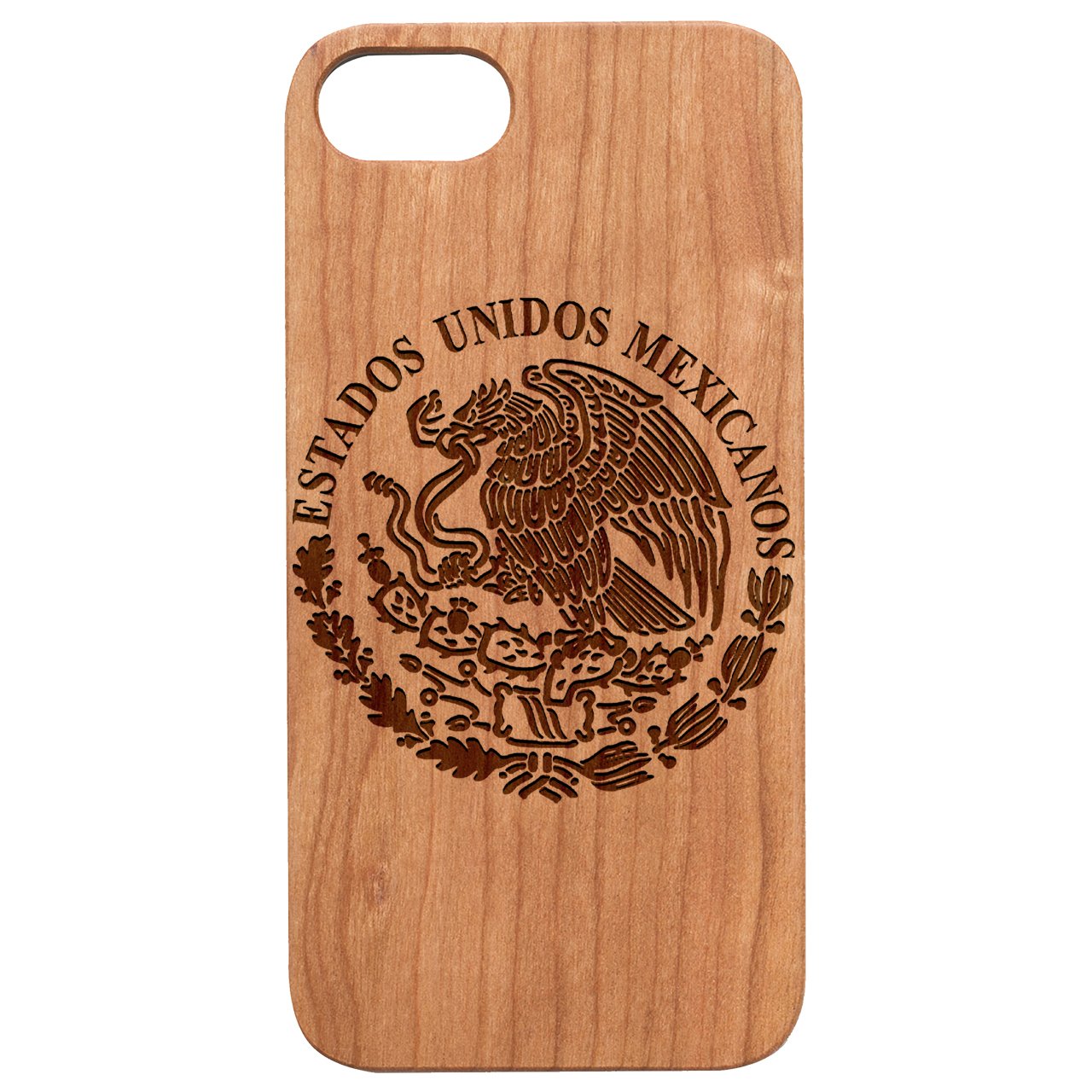 Mexico Arms - Engraved wooden phone case featuring unique laser-engraved designs and natural wood finish, designed for iPhone and Samsung models.