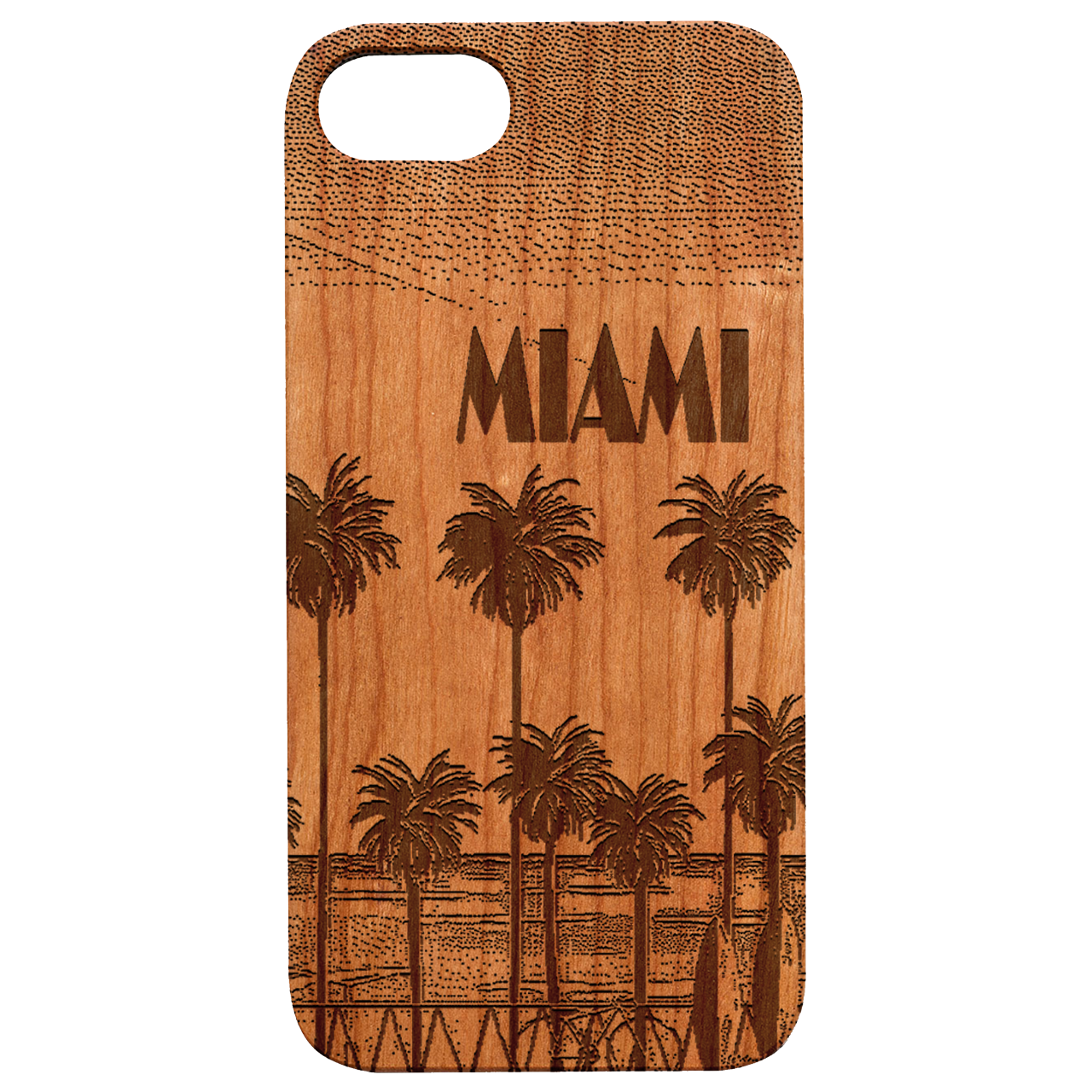 Miami Palm Trees engraved wooden phone case showcasing a tropical design with natural wood finish.