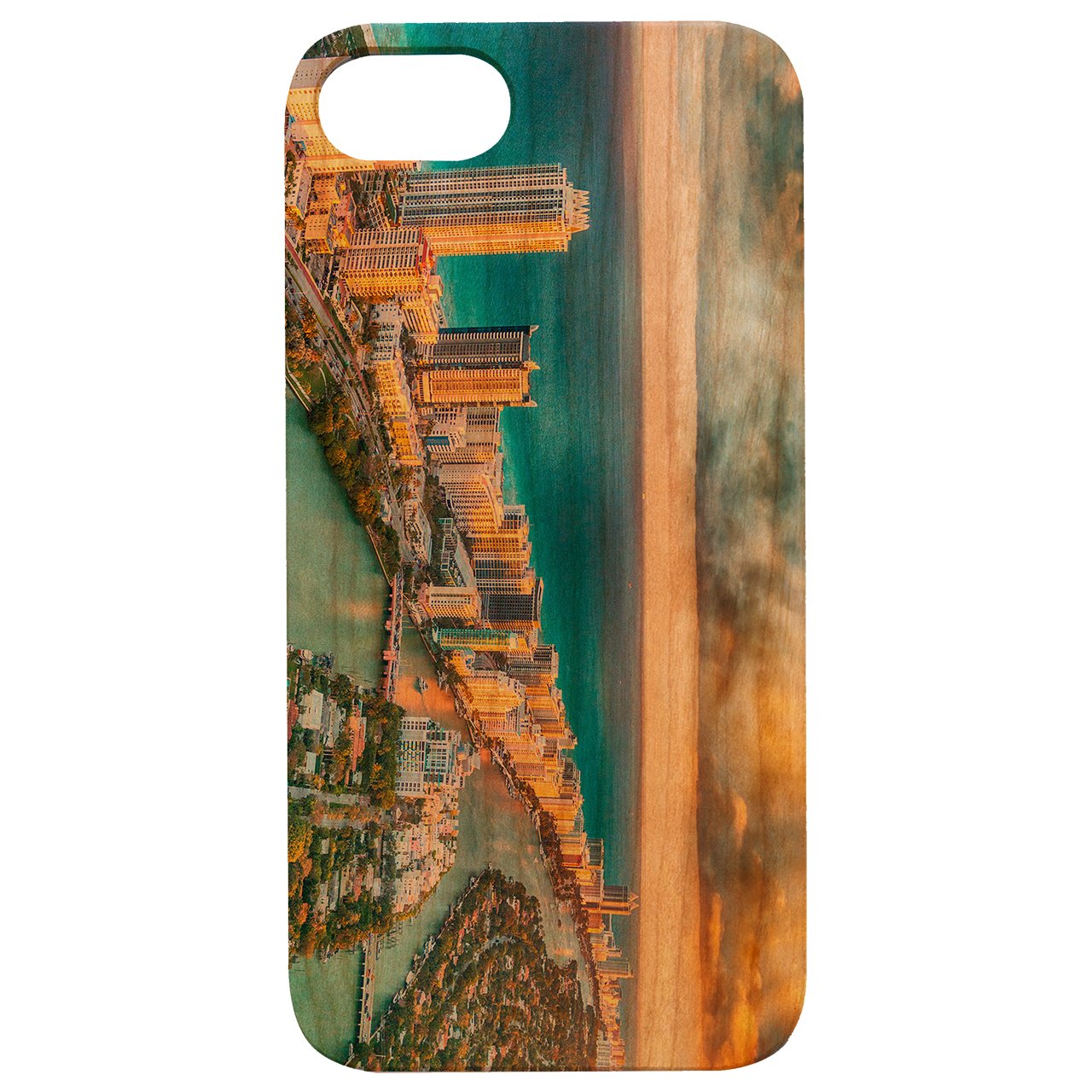 Miami UV Color Printed wooden phone case showcasing unique designs and durable construction for iPhone and Samsung models.