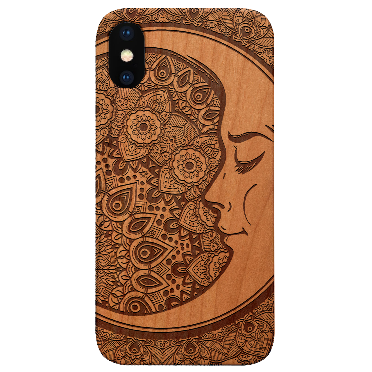 Moon Mandala engraved wooden phone case showcasing intricate mandala design and natural wood finish.