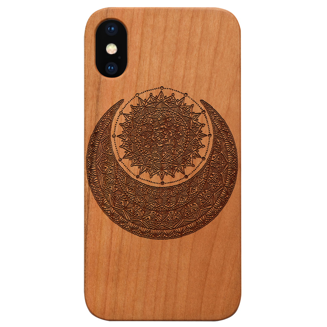 Moon With Sun engraved wooden phone case showcasing intricate design and natural wood finish.