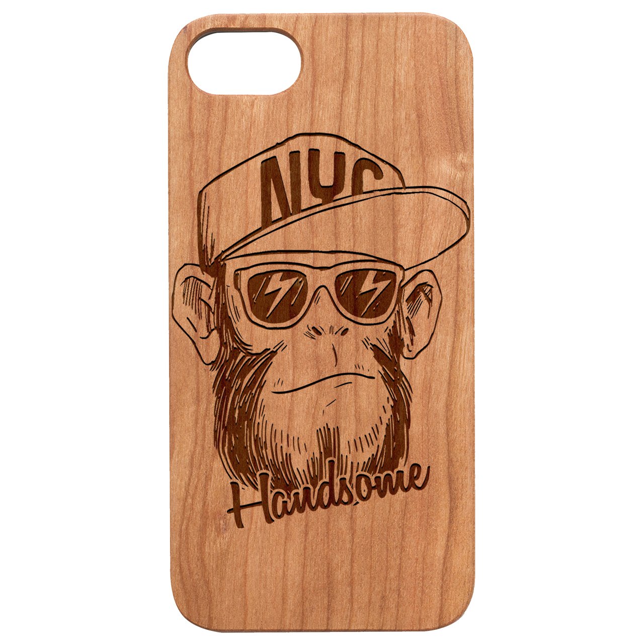 Monkey Handsome - Engraved wooden phone case featuring intricate laser-engraved designs and a natural wood finish.