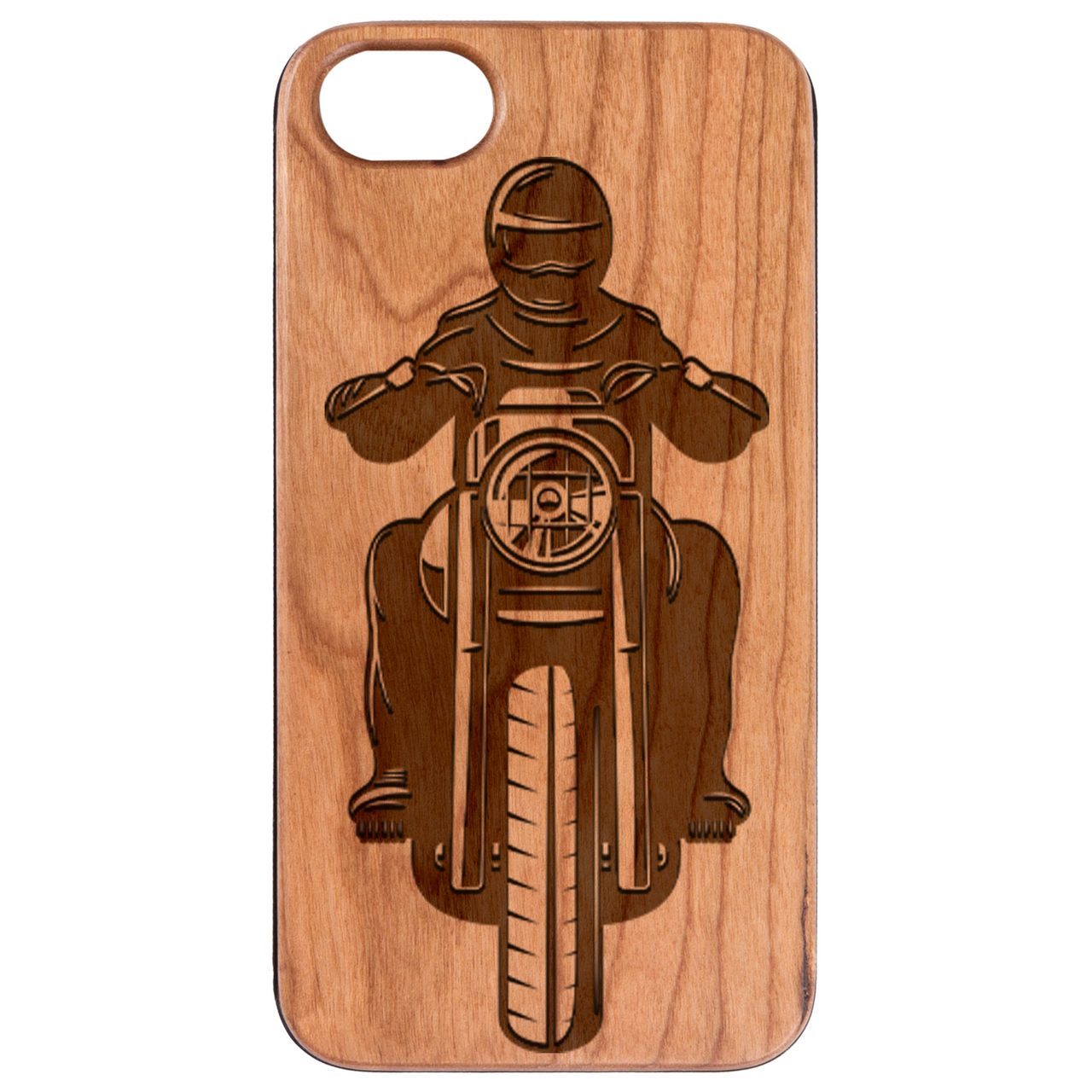 Motorcyclist Engraved wooden phone case showcasing unique design and natural wood finish.