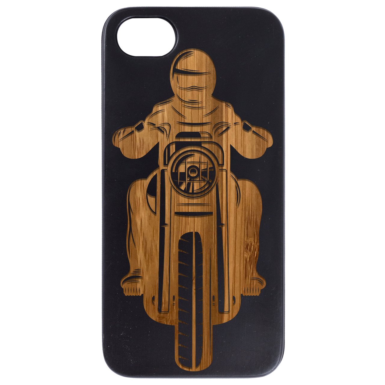 Motorcyclist Engraved wooden phone case showcasing unique design and natural wood finish.