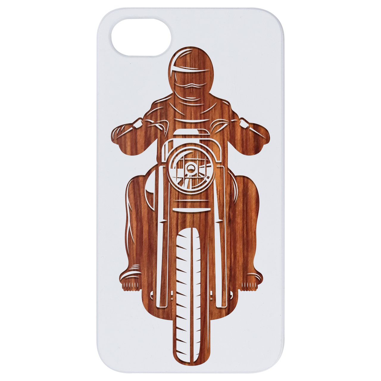 Motorcyclist Engraved wooden phone case showcasing unique design and natural wood finish.