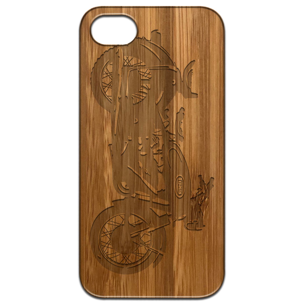 Motorcyclist Engraved wooden phone case showcasing unique design and natural wood finish.