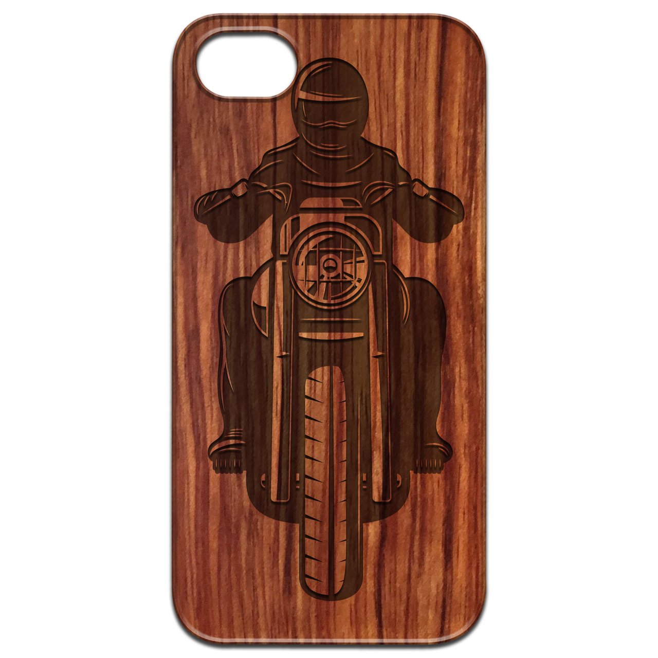 Motorcyclist Engraved wooden phone case showcasing unique design and natural wood finish.