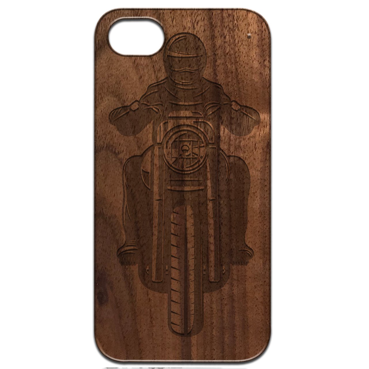 Motorcyclist Engraved wooden phone case showcasing unique design and natural wood finish.