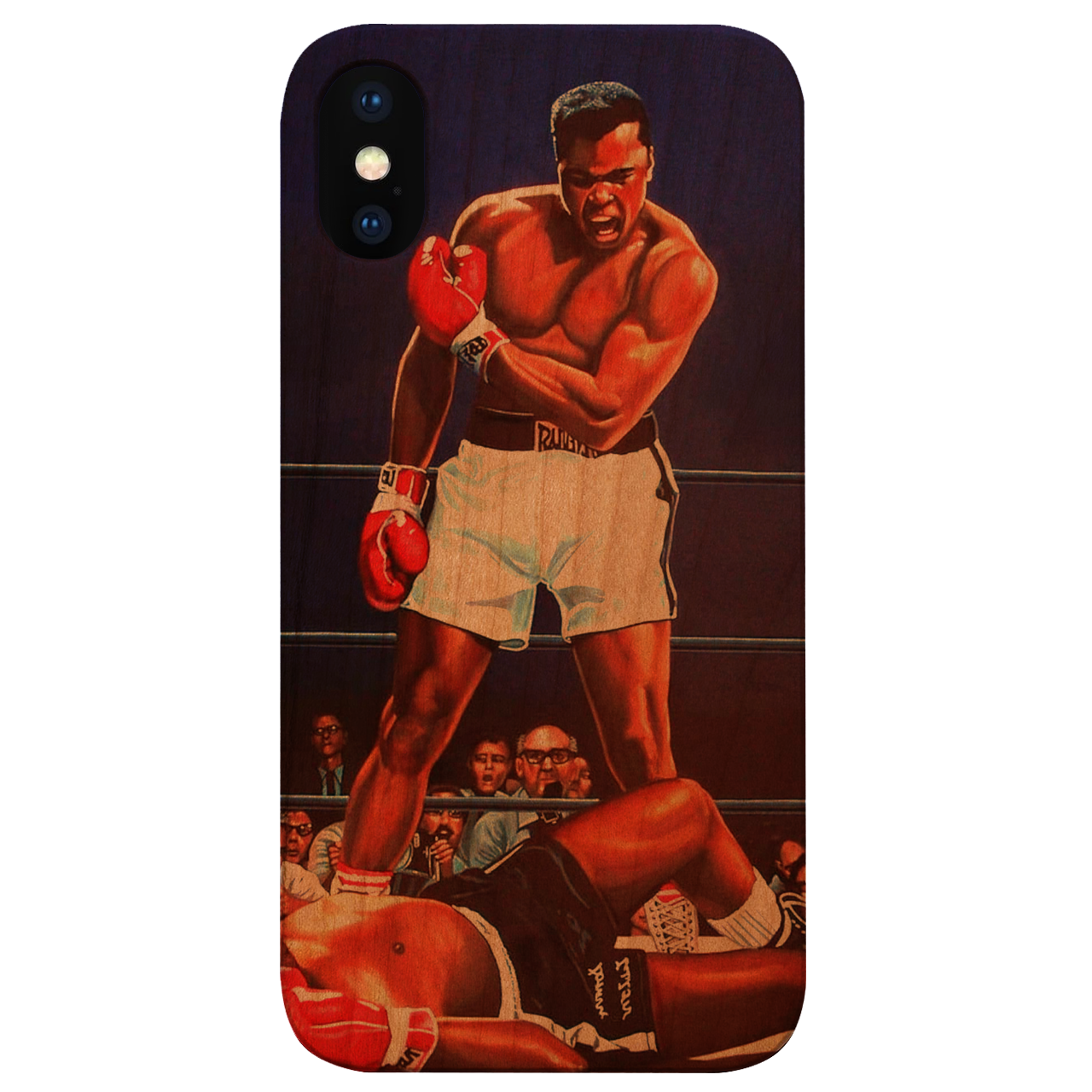 Muhammad Ali UV Color Printed phone case featuring a vibrant design on a wooden surface, showcasing durability and style.