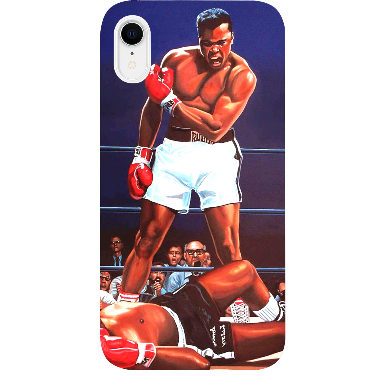 Muhammad Ali UV Color Printed phone case featuring a vibrant design on a wooden surface, showcasing durability and style.