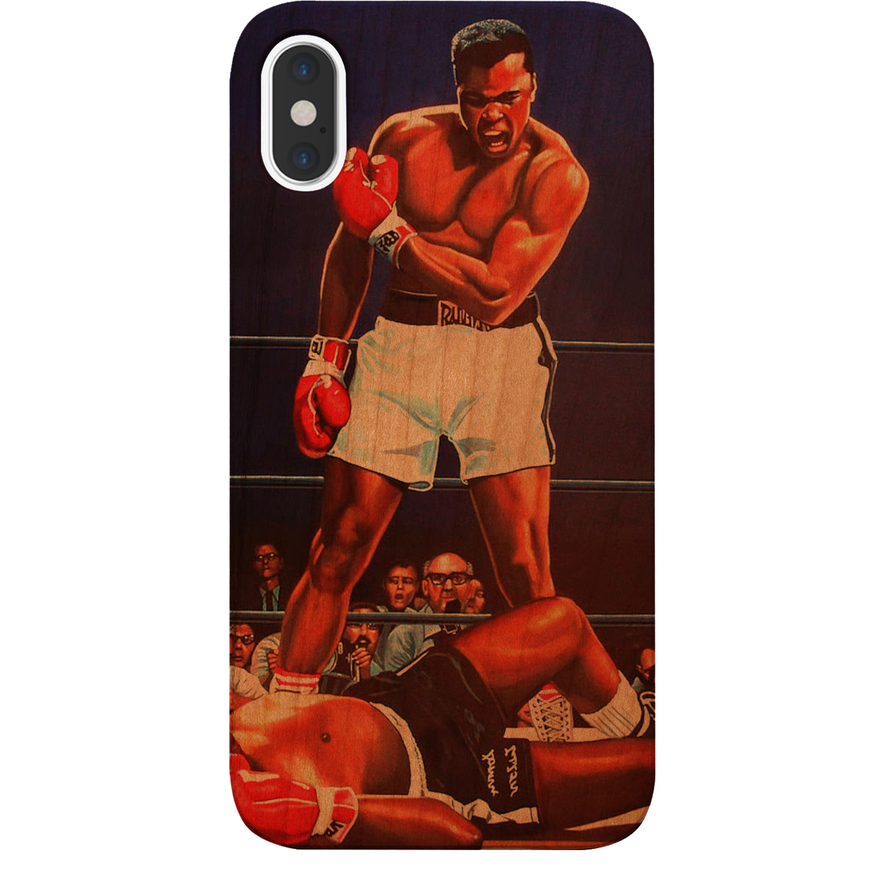 Muhammad Ali UV Color Printed phone case featuring a vibrant design on a wooden surface, showcasing durability and style.