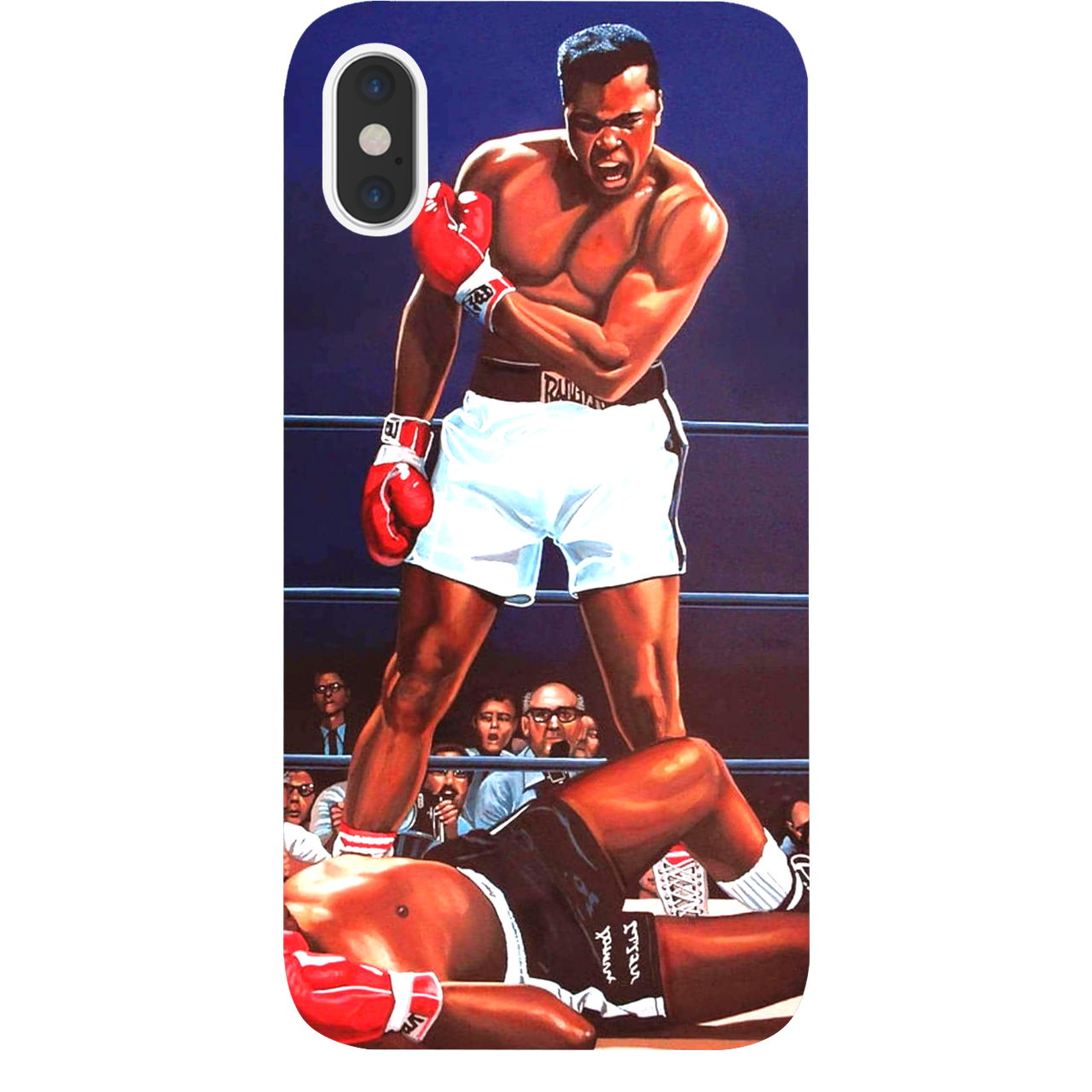 Muhammad Ali UV Color Printed phone case featuring a vibrant design on a wooden surface, showcasing durability and style.