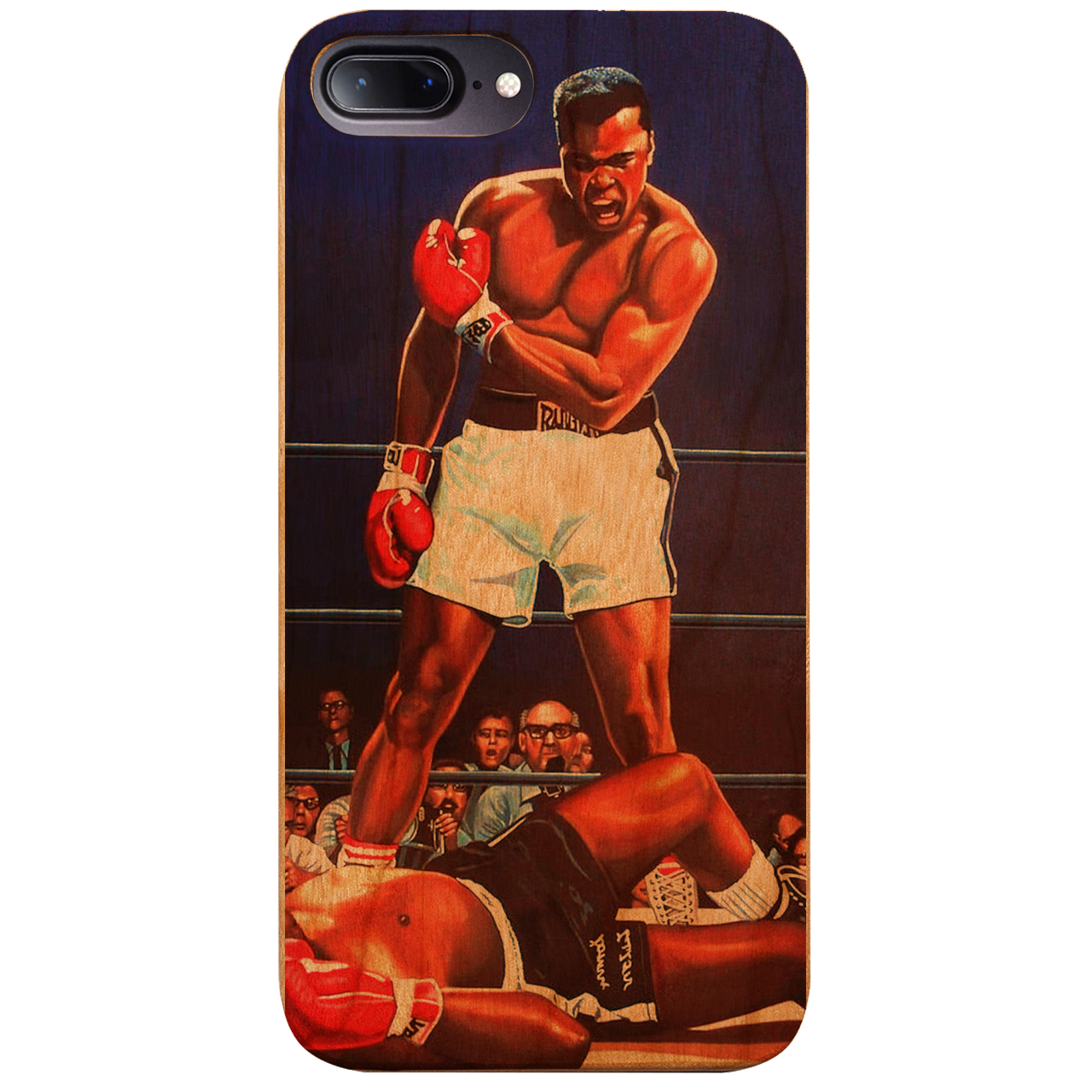 Muhammad Ali UV Color Printed phone case featuring a vibrant design on a wooden surface, showcasing durability and style.