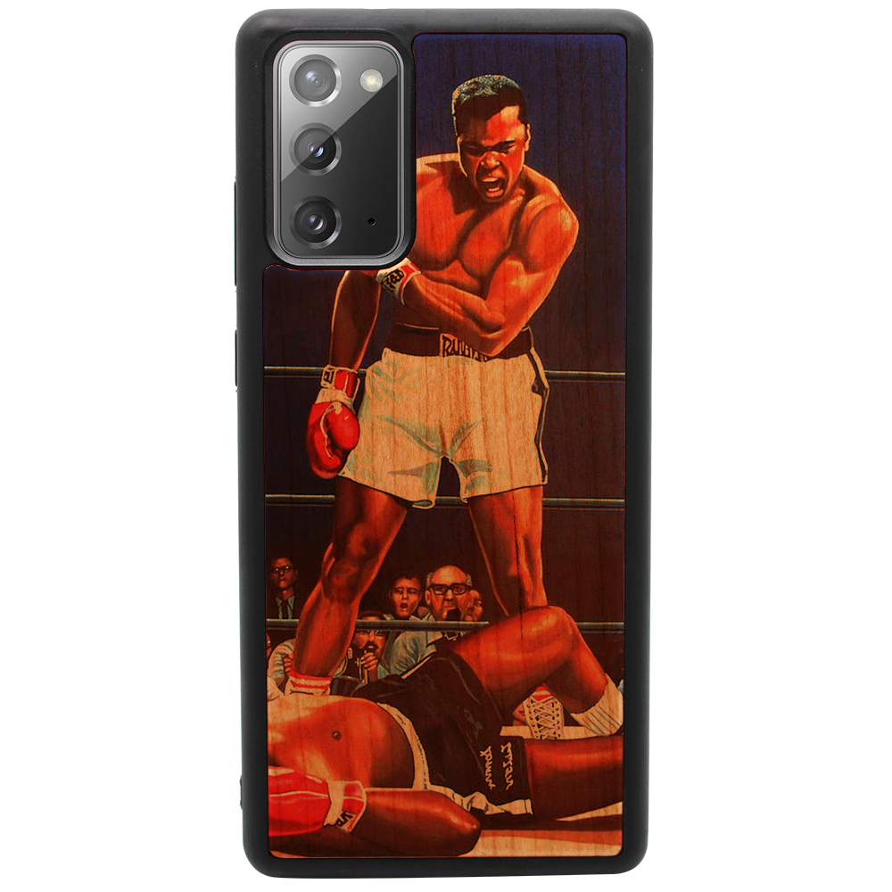 Muhammad Ali UV Color Printed phone case featuring a vibrant design on a wooden surface, showcasing durability and style.