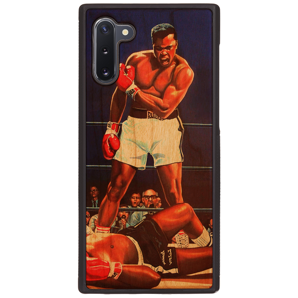 Muhammad Ali UV Color Printed phone case featuring a vibrant design on a wooden surface, showcasing durability and style.