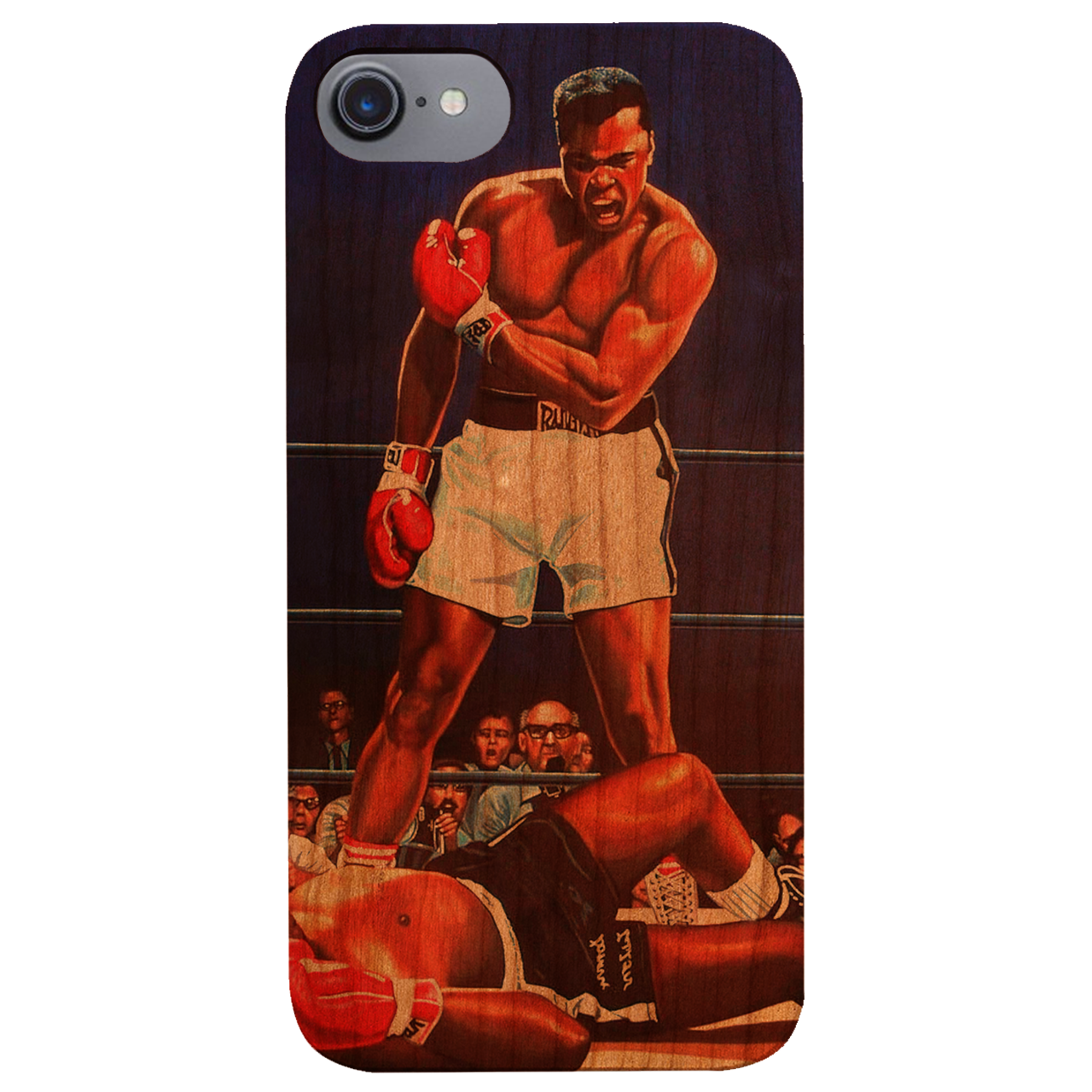 Muhammad Ali UV Color Printed phone case featuring a vibrant design on a wooden surface, showcasing durability and style.