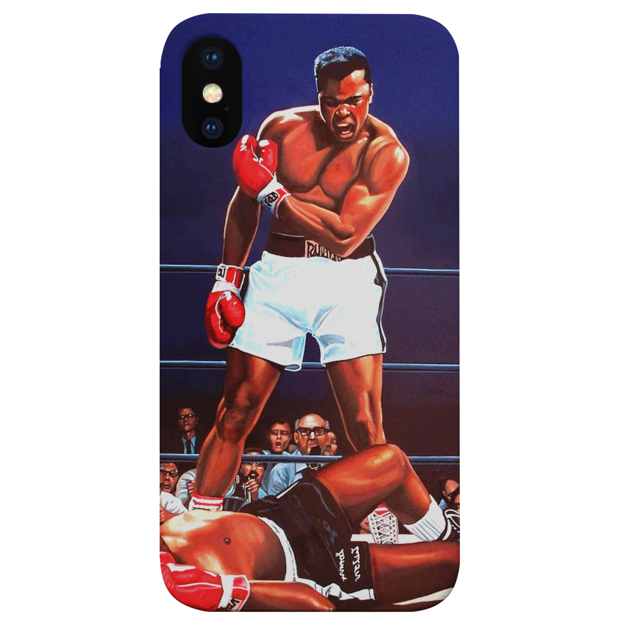 Muhammad Ali UV Color Printed phone case featuring a vibrant design on a wooden surface, showcasing durability and style.