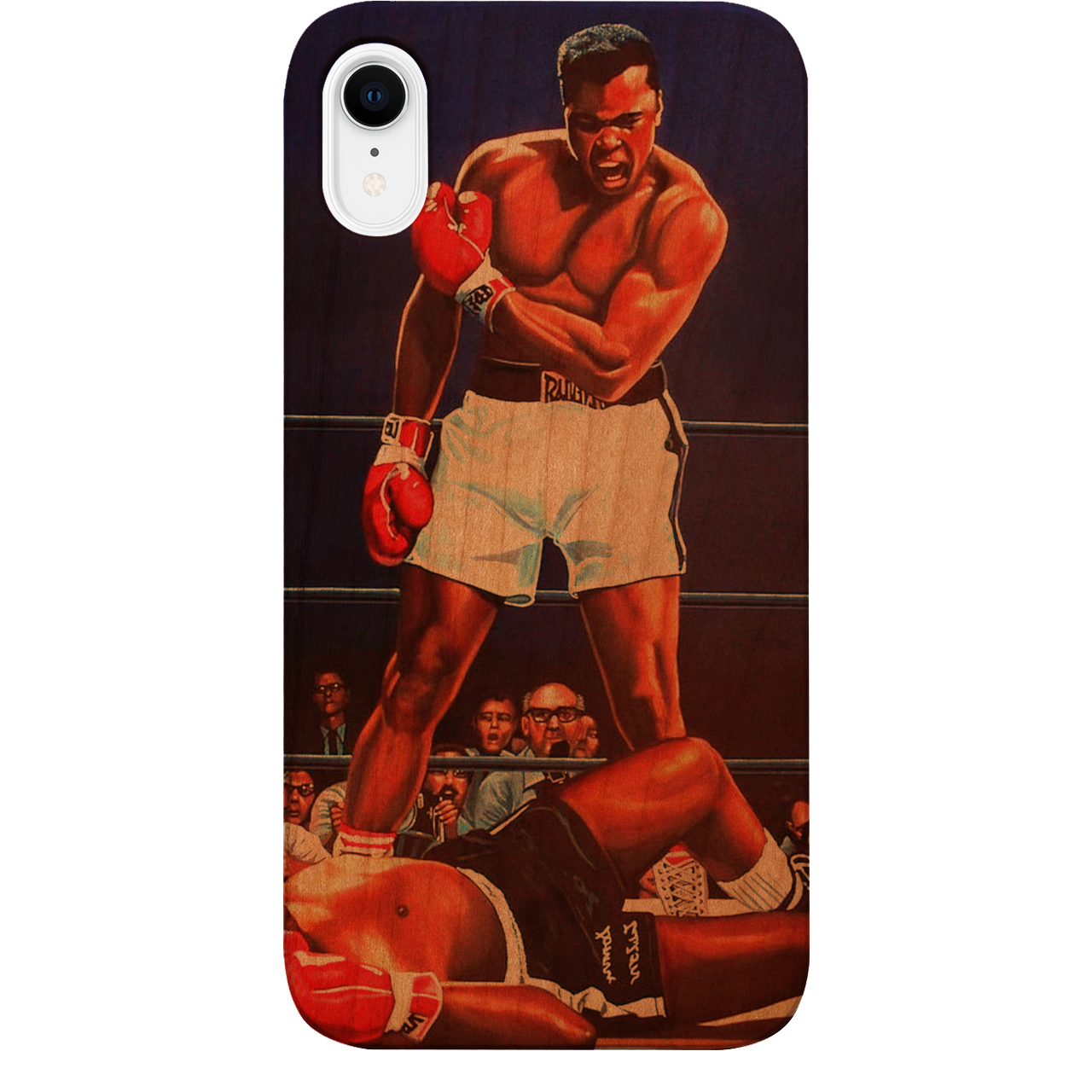 Muhammad Ali UV Color Printed phone case featuring a vibrant design on a wooden surface, showcasing durability and style.