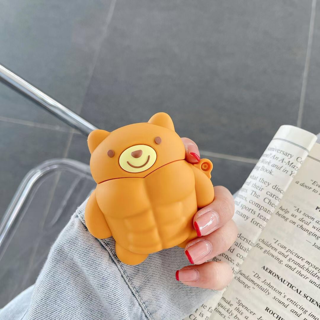 Muscle Bear Cartoon Silicone Earphone Case in vibrant colors featuring a cute bear design, perfect for AirPods protection.