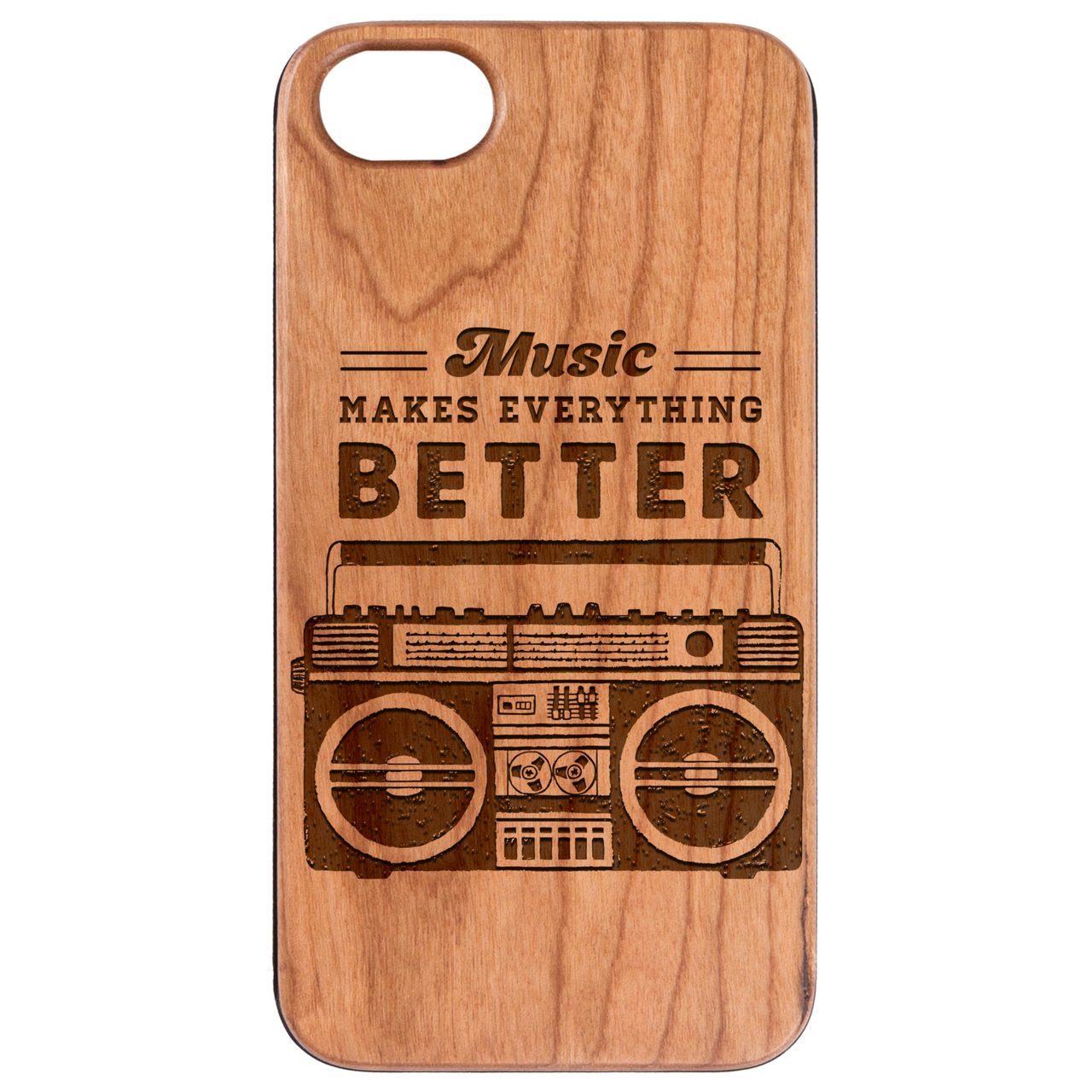 Engraved wooden phone case featuring Music Makes Better design, showcasing natural wood finish and protective features.