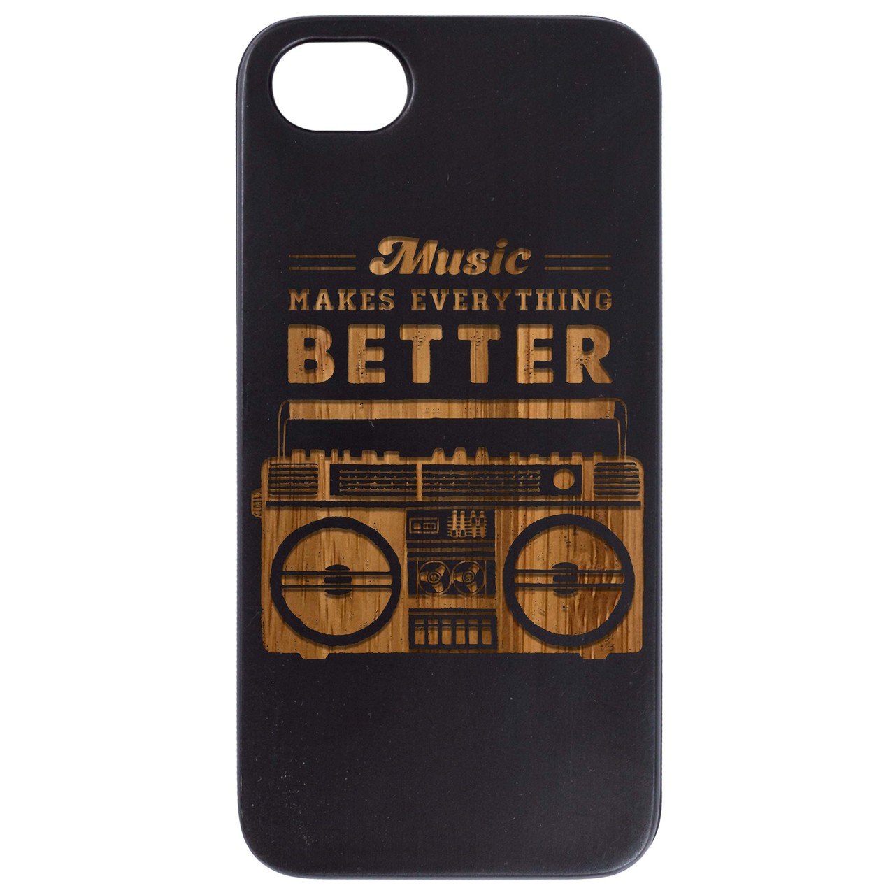 Engraved wooden phone case featuring Music Makes Better design, showcasing natural wood finish and protective features.