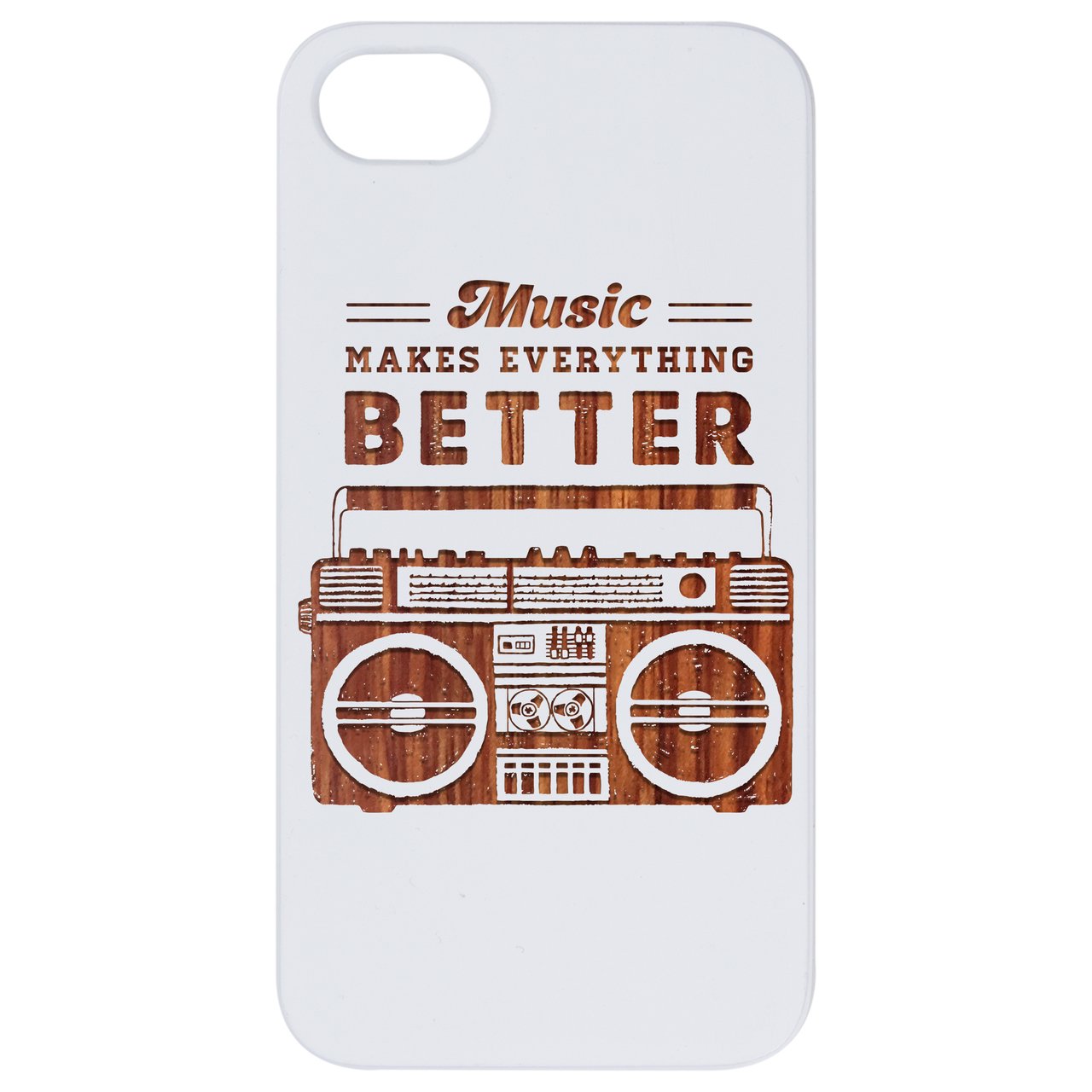 Engraved wooden phone case featuring Music Makes Better design, showcasing natural wood finish and protective features.