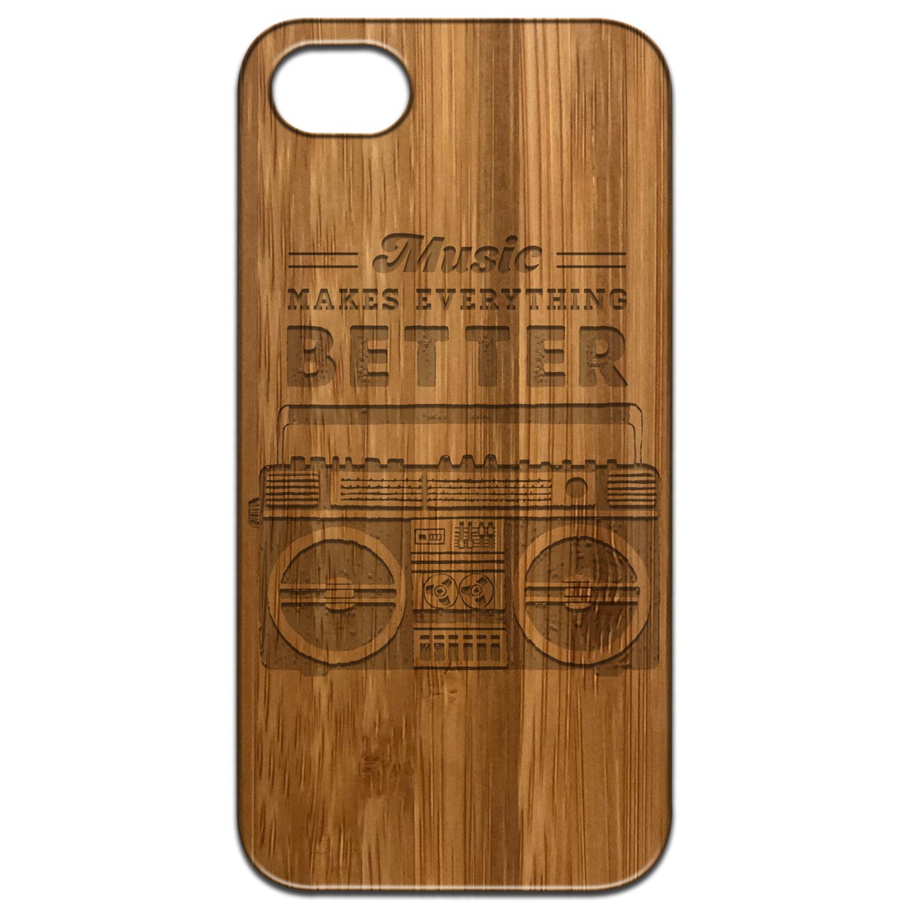 Engraved wooden phone case featuring Music Makes Better design, showcasing natural wood finish and protective features.