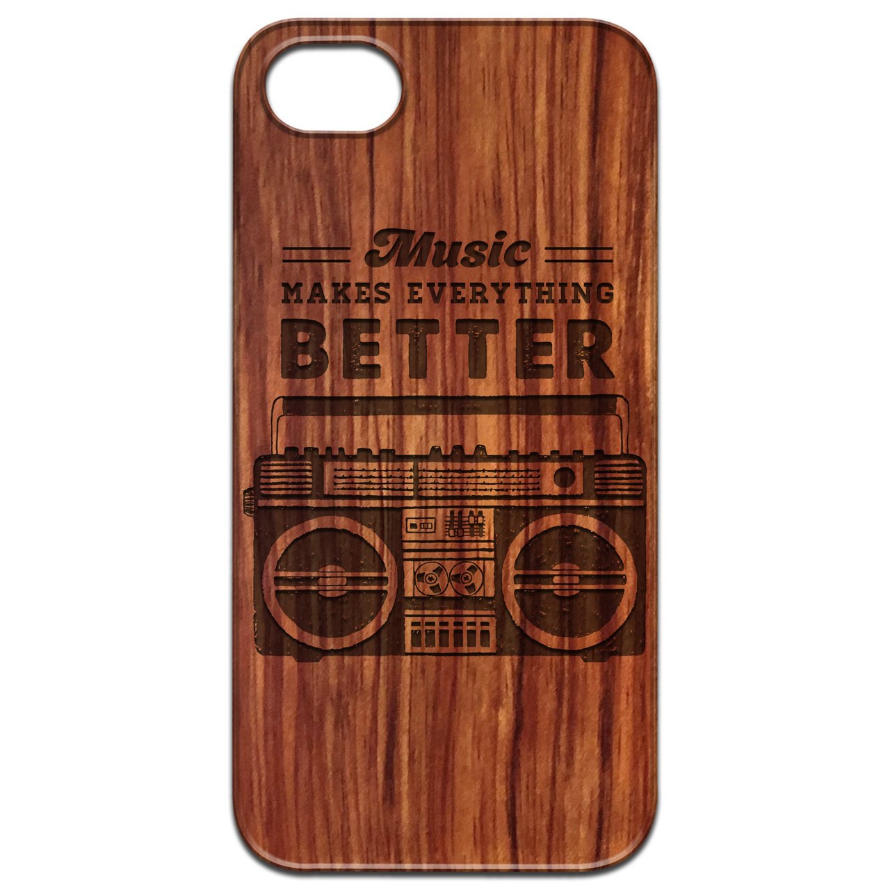 Engraved wooden phone case featuring Music Makes Better design, showcasing natural wood finish and protective features.