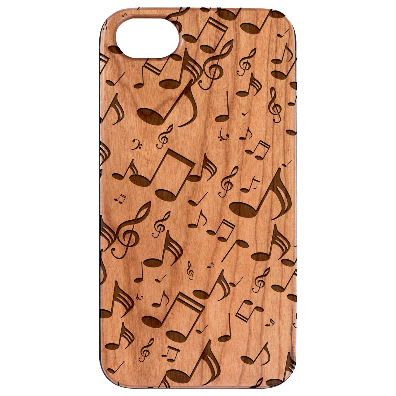 Engraved wooden phone case featuring a stylish music note pattern, designed for iPhone and Samsung models.