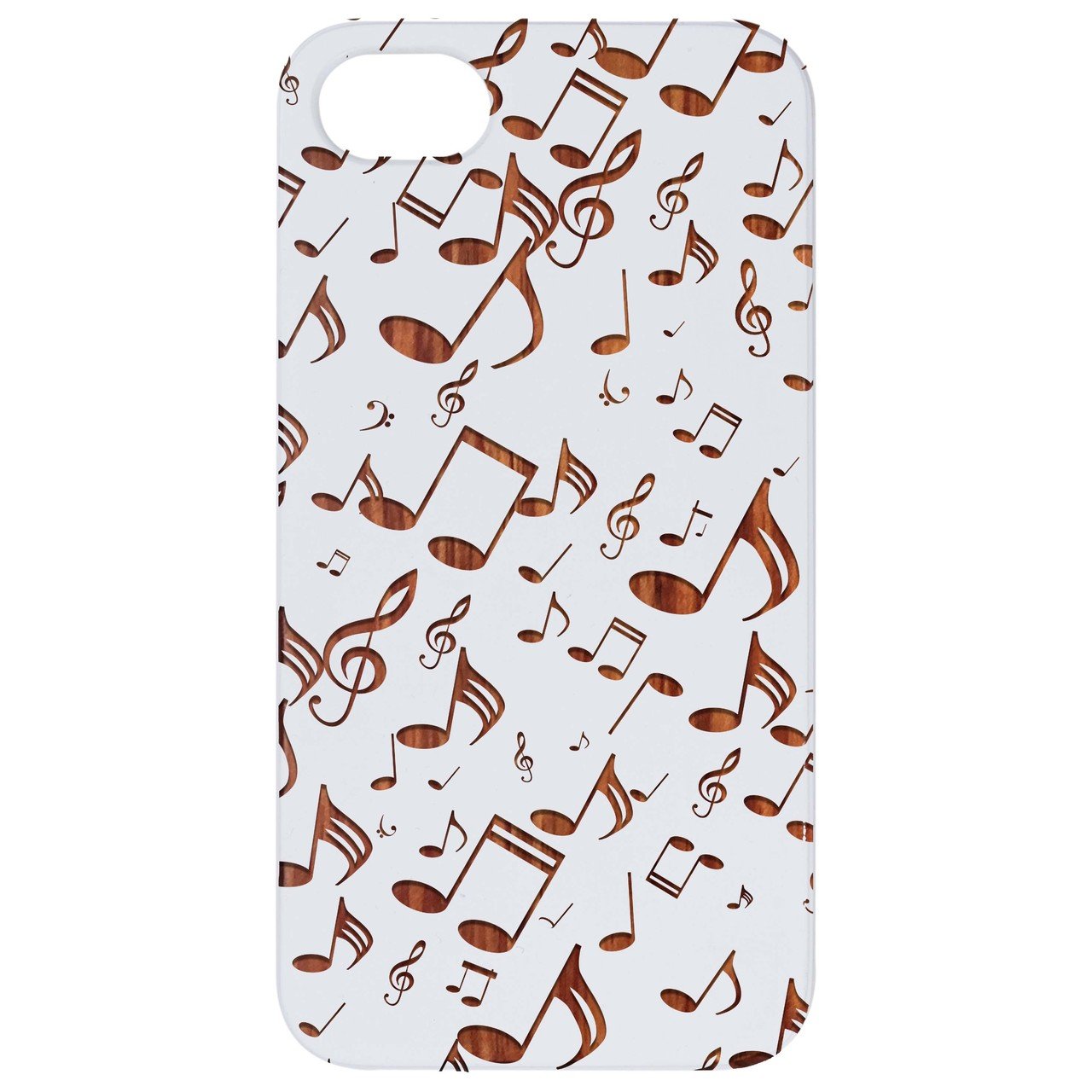 Engraved wooden phone case featuring a stylish music note pattern, designed for iPhone and Samsung models.