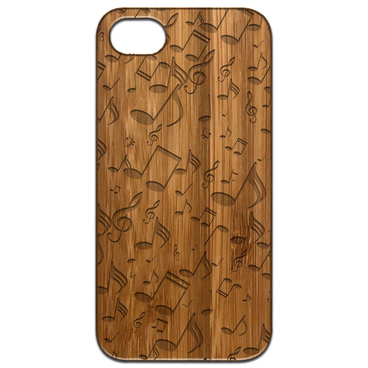 Engraved wooden phone case featuring a stylish music note pattern, designed for iPhone and Samsung models.