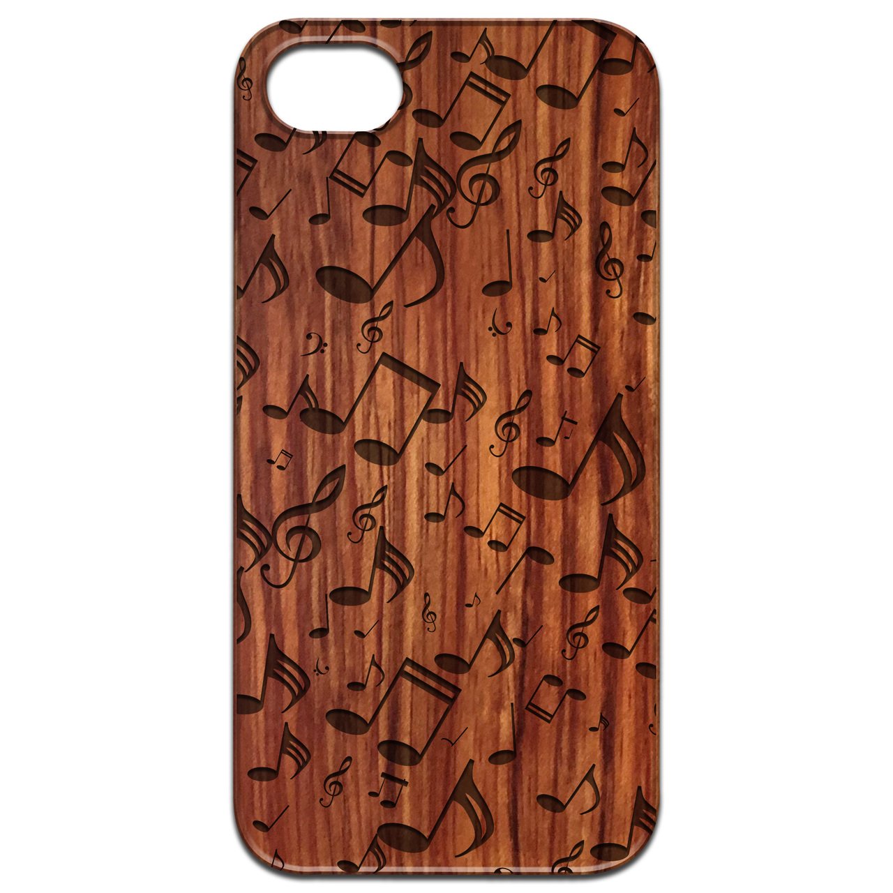 Engraved wooden phone case featuring a stylish music note pattern, designed for iPhone and Samsung models.