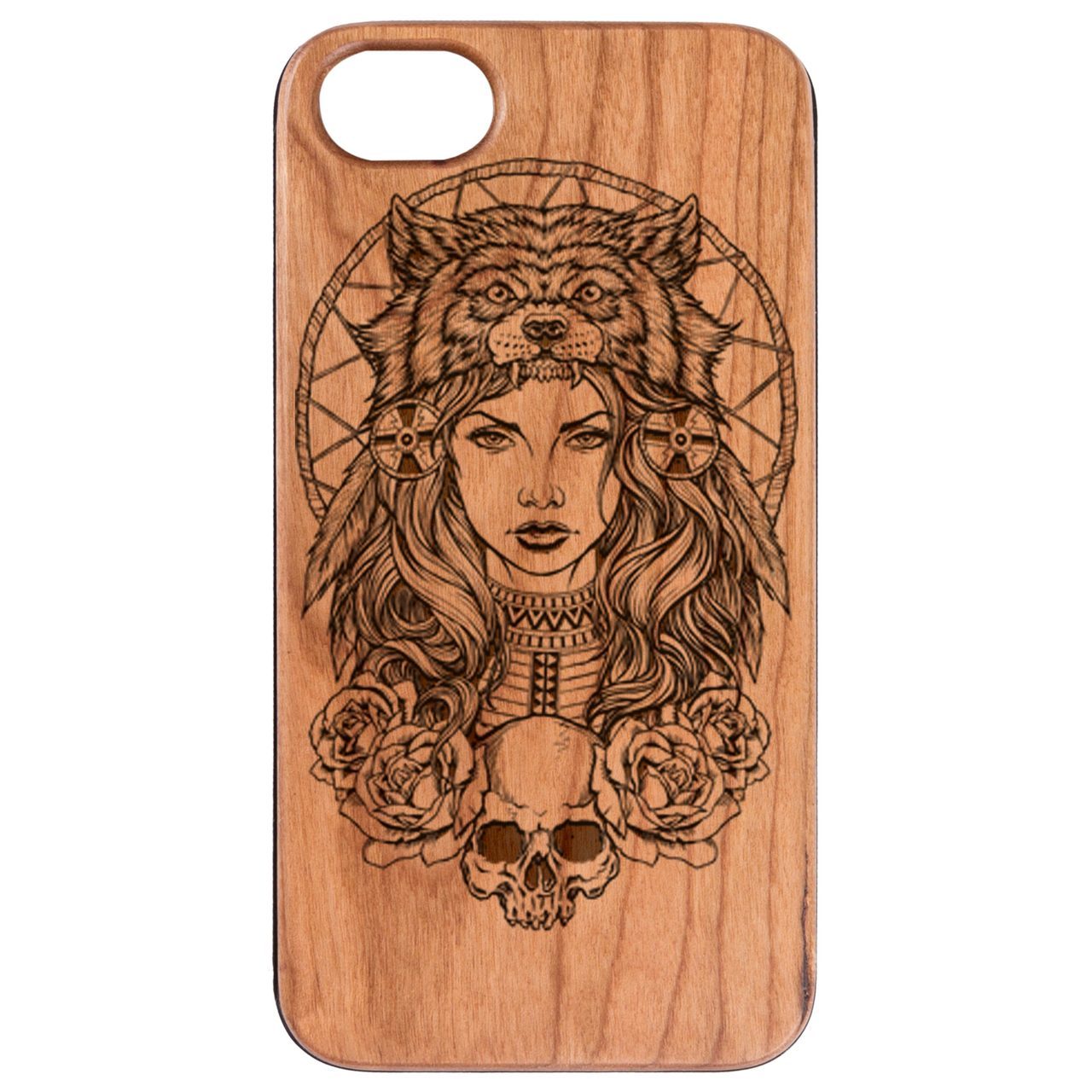 Native American Girl engraved wooden phone case for iPhone and Samsung, showcasing intricate design and durable construction.