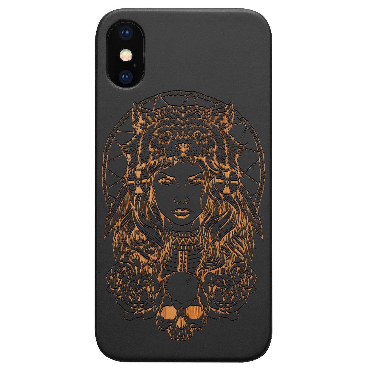 Native American Girl engraved wooden phone case for iPhone and Samsung, showcasing intricate design and durable construction.