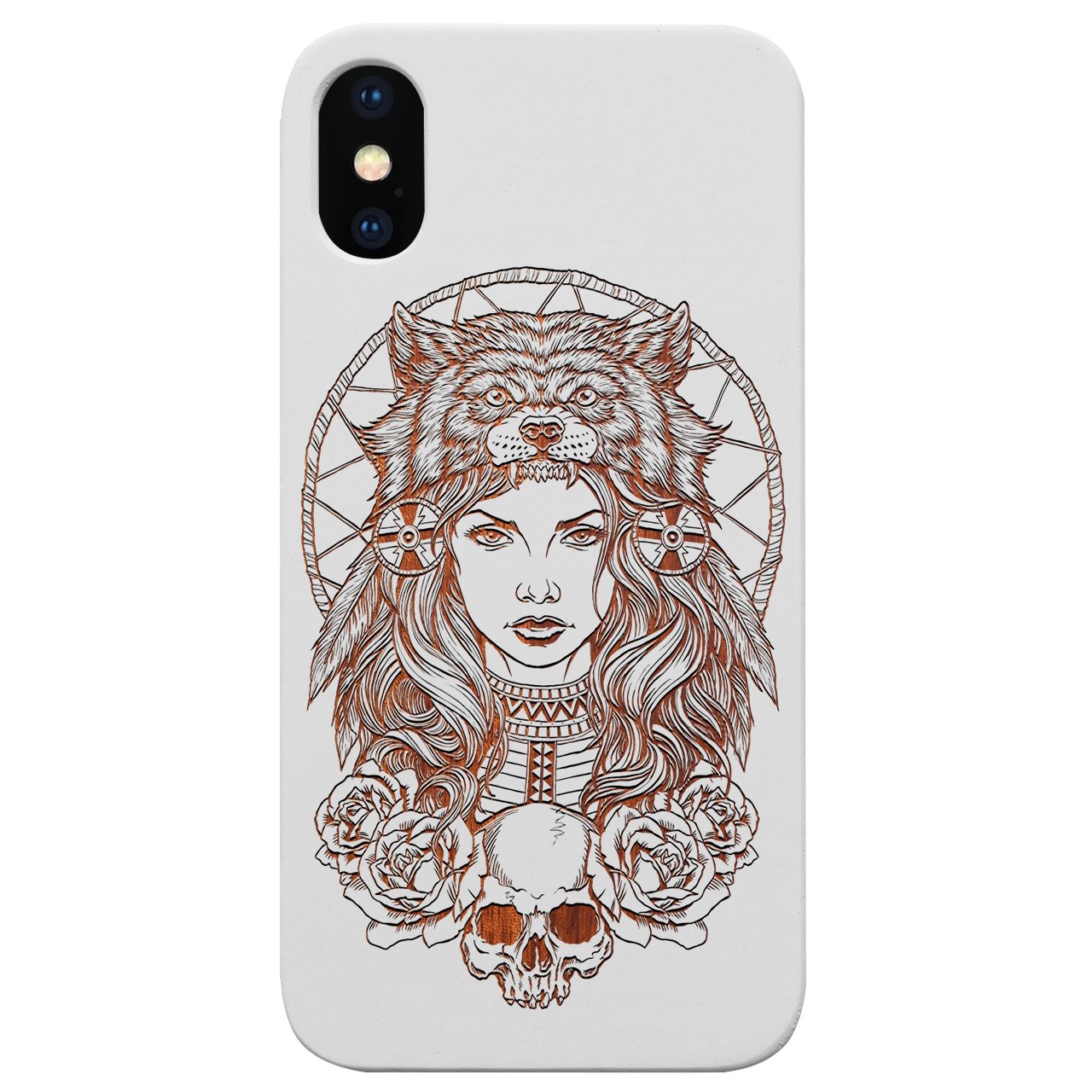 Native American Girl engraved wooden phone case for iPhone and Samsung, showcasing intricate design and durable construction.