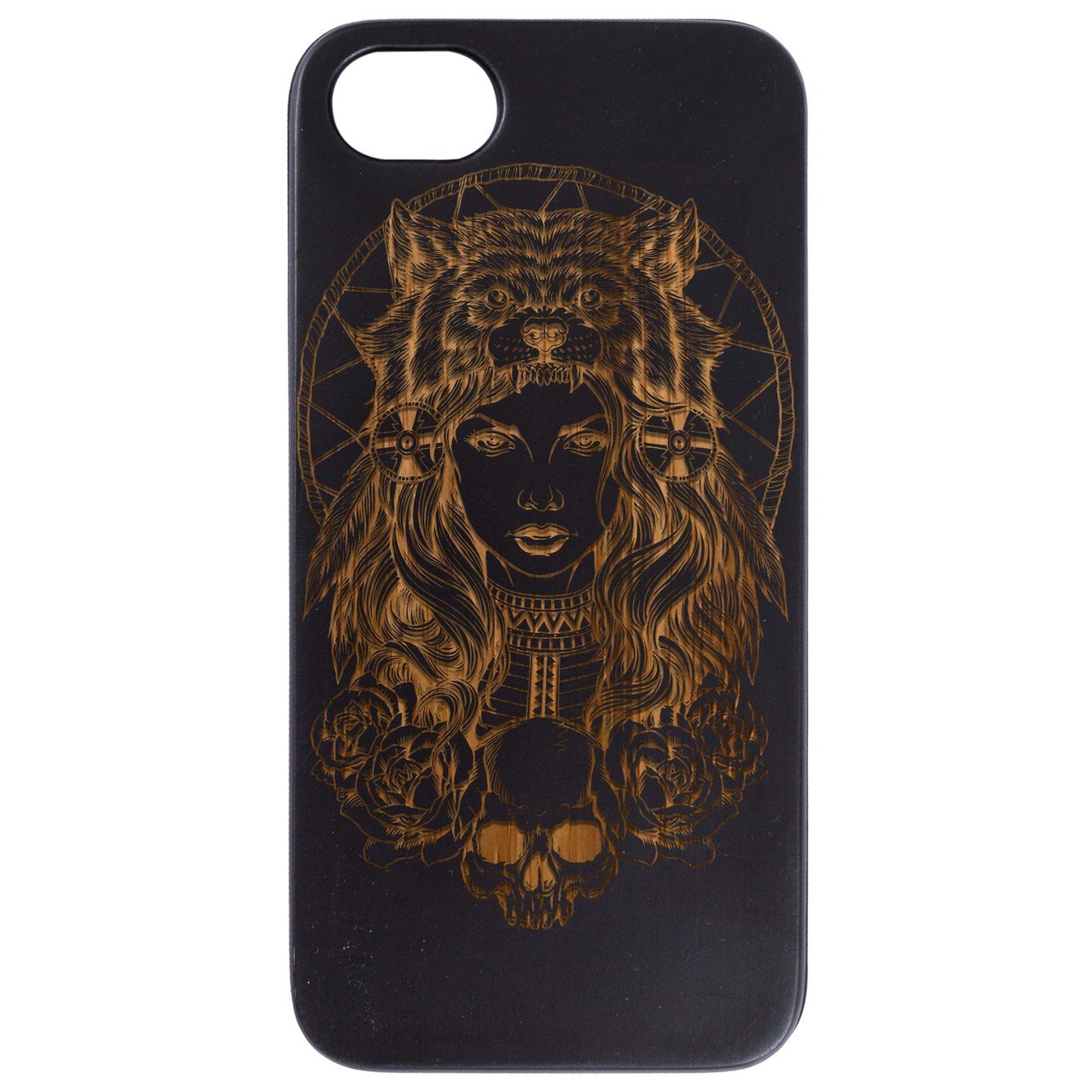 Native American Girl engraved wooden phone case for iPhone and Samsung, showcasing intricate design and durable construction.