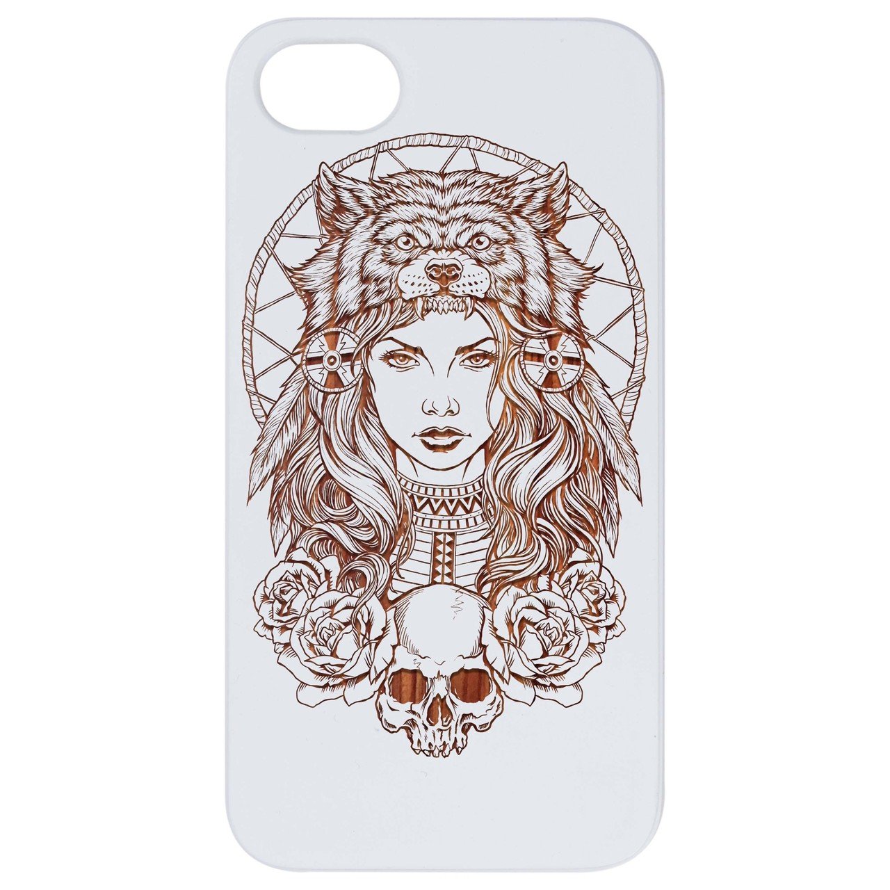 Native American Girl engraved wooden phone case for iPhone and Samsung, showcasing intricate design and durable construction.