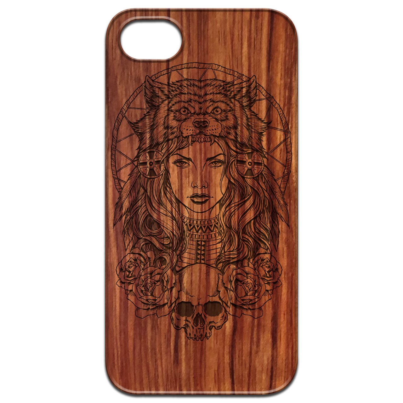 Native American Girl engraved wooden phone case for iPhone and Samsung, showcasing intricate design and durable construction.