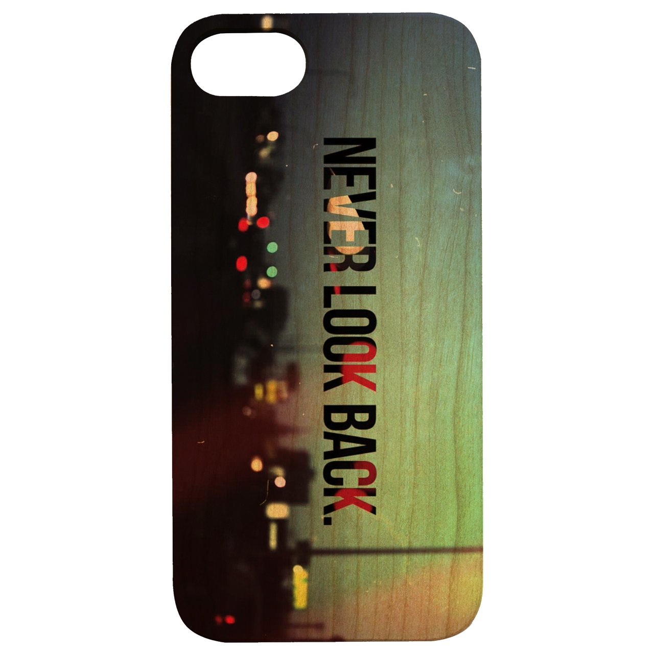 Never Look Back UV Color Printed phone case showcasing vibrant designs on a natural wood surface with enhanced rubber bumper.