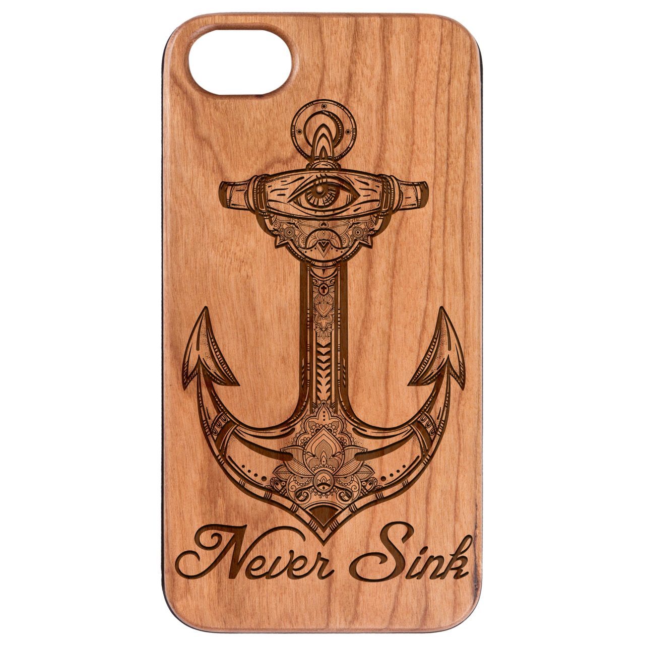 Never Sink Engraved wooden phone case showcasing unique laser-engraved design and natural wood finish.