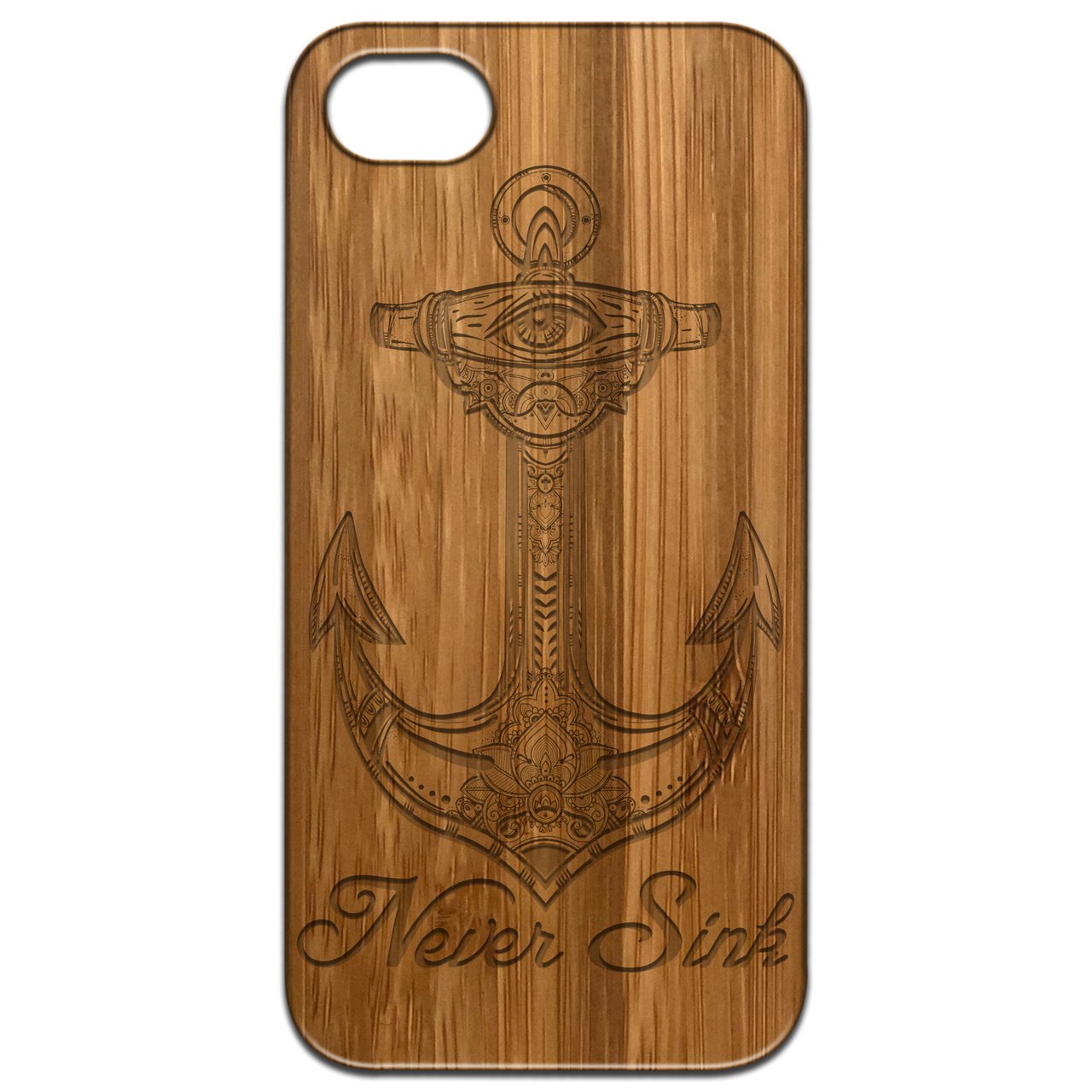 Never Sink Engraved wooden phone case showcasing unique laser-engraved design and natural wood finish.