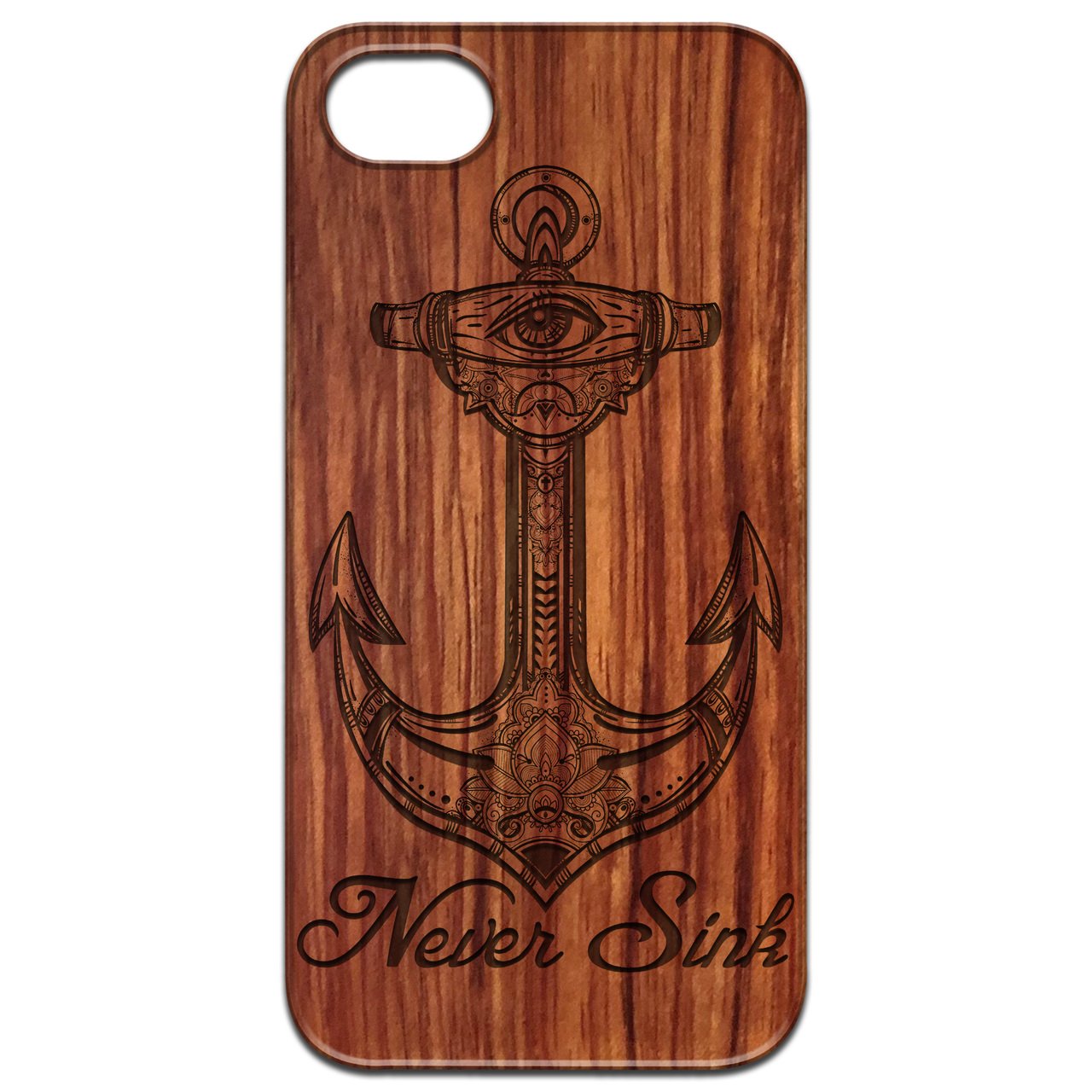 Never Sink Engraved wooden phone case showcasing unique laser-engraved design and natural wood finish.