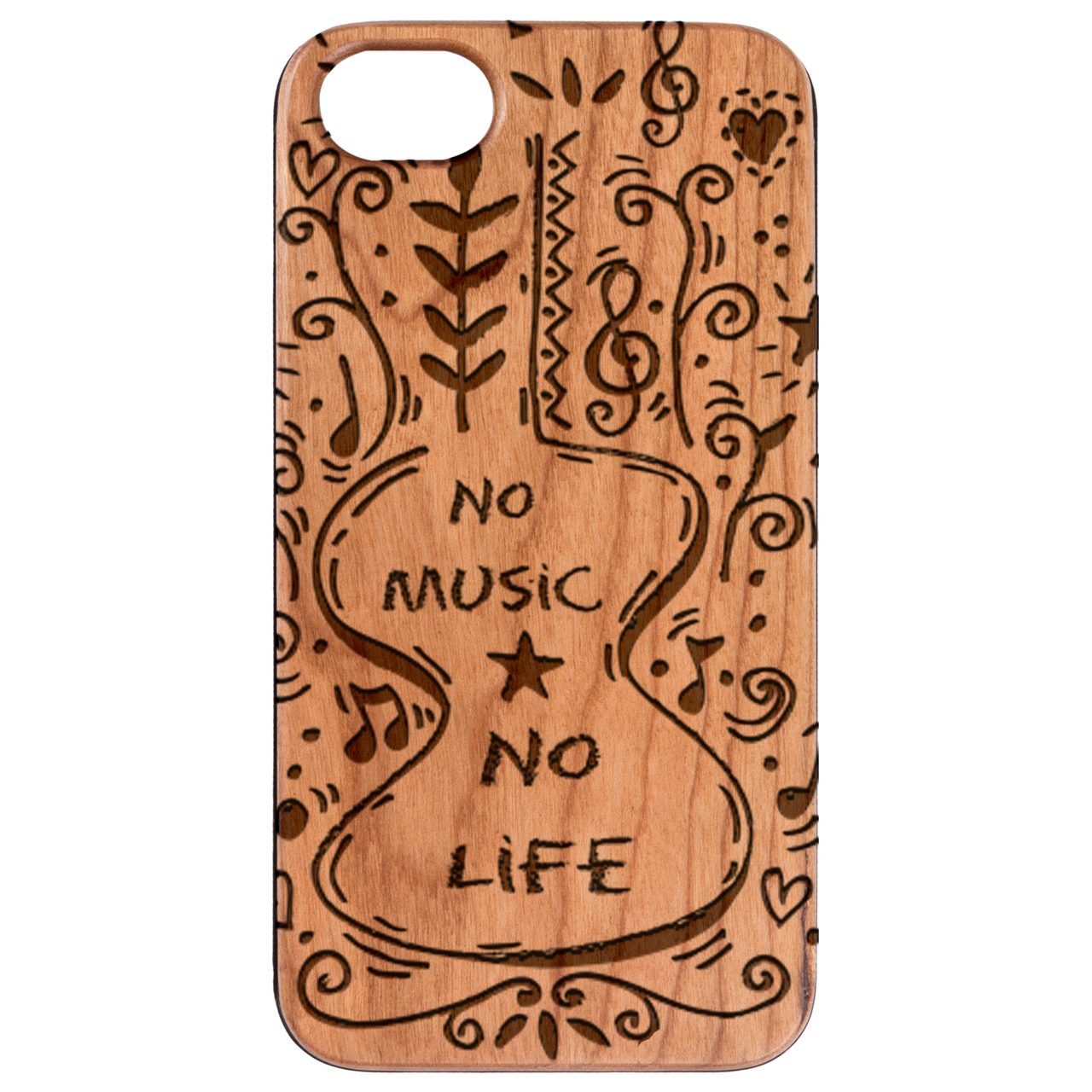 No Music No Life engraved wooden phone case showcasing its unique design and natural wood finish.