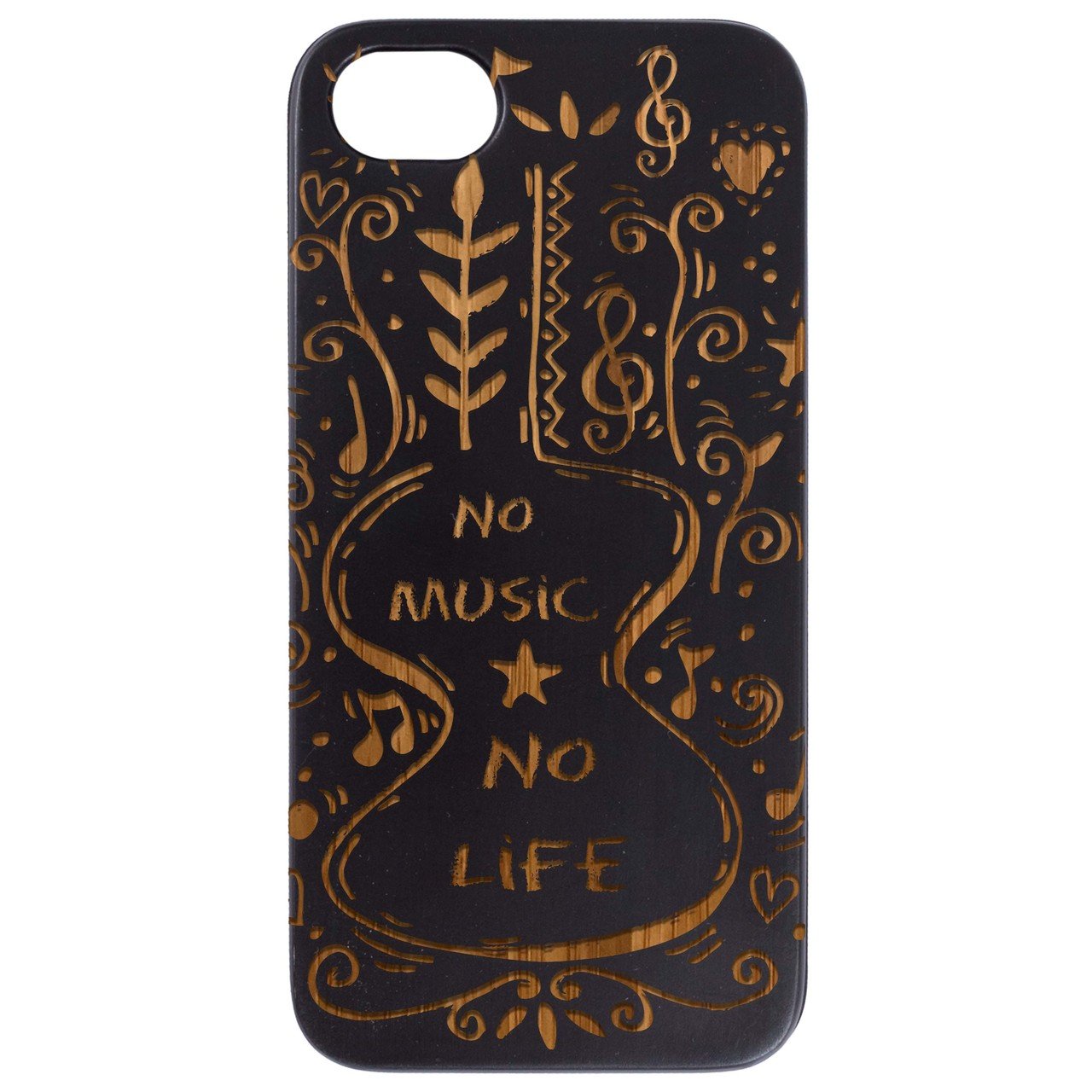 No Music No Life engraved wooden phone case showcasing its unique design and natural wood finish.