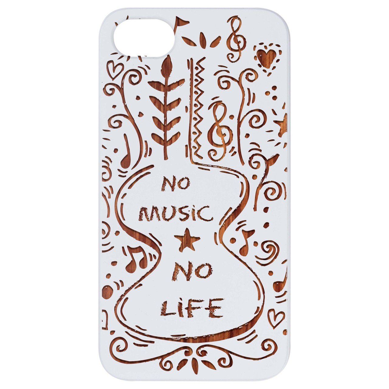 No Music No Life engraved wooden phone case showcasing its unique design and natural wood finish.