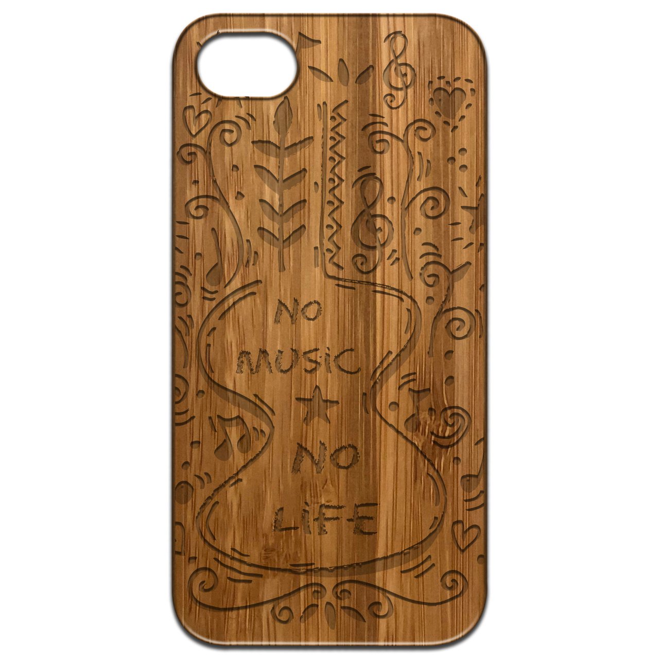 No Music No Life engraved wooden phone case showcasing its unique design and natural wood finish.