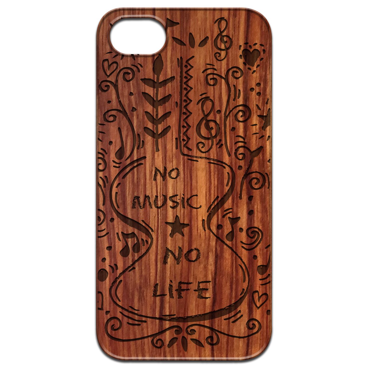 No Music No Life engraved wooden phone case showcasing its unique design and natural wood finish.