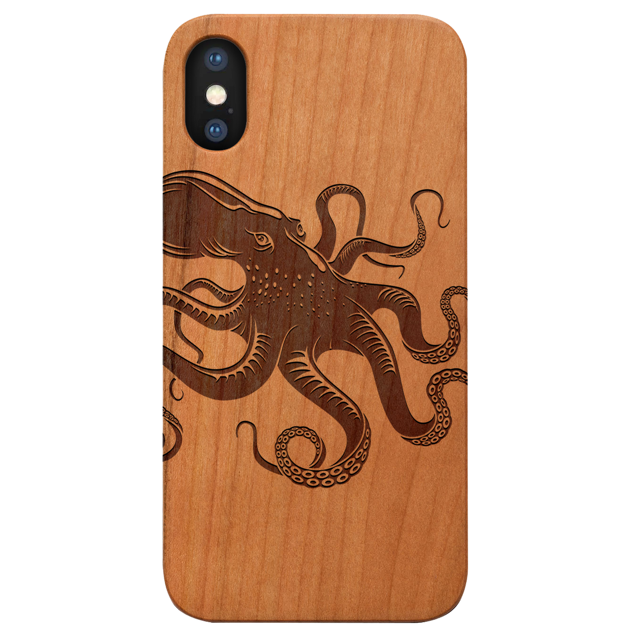 Octopus Engraved wooden phone case showcasing unique laser-engraved design and natural wood finish.